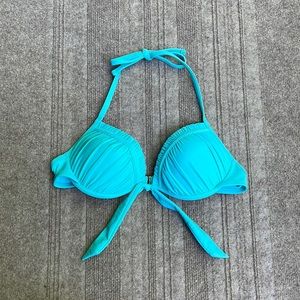 Bright Aqua Blue Ruched Tie Push Up Bikini Top In X-Small